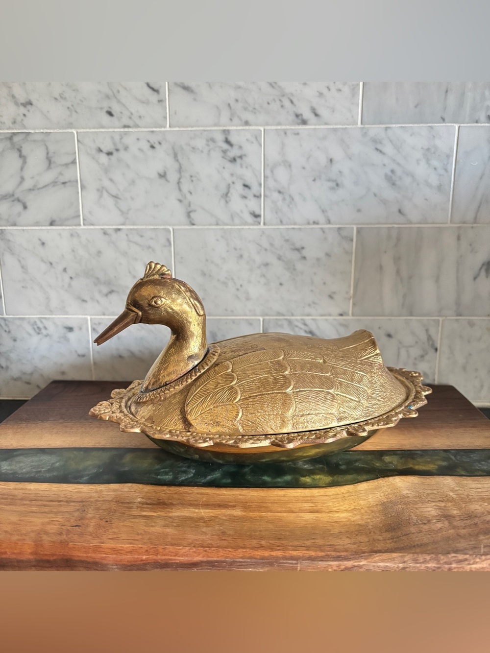 Vintage Mid Century Brass Duck Lidded Decorative Dish / Bowl